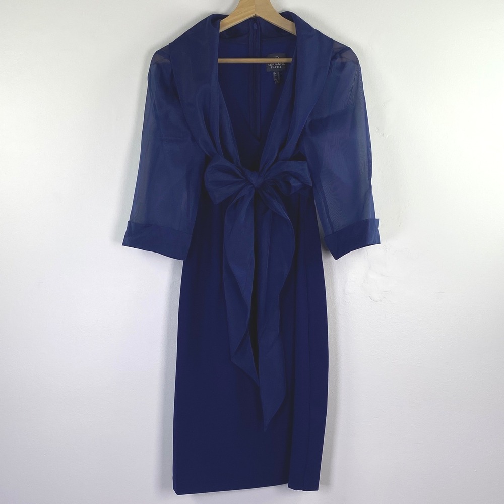 Adrianna Papell Sheath Dress Womens 4 Navy Blue Bow Front Sheer Sleeve Cocktail